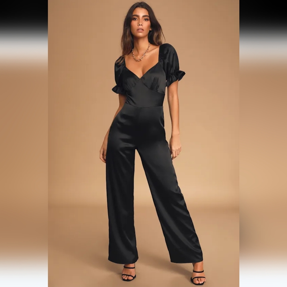 Lulu's Black Satin V-Neck Puff Sleeve Wide-Leg Jumpsuit